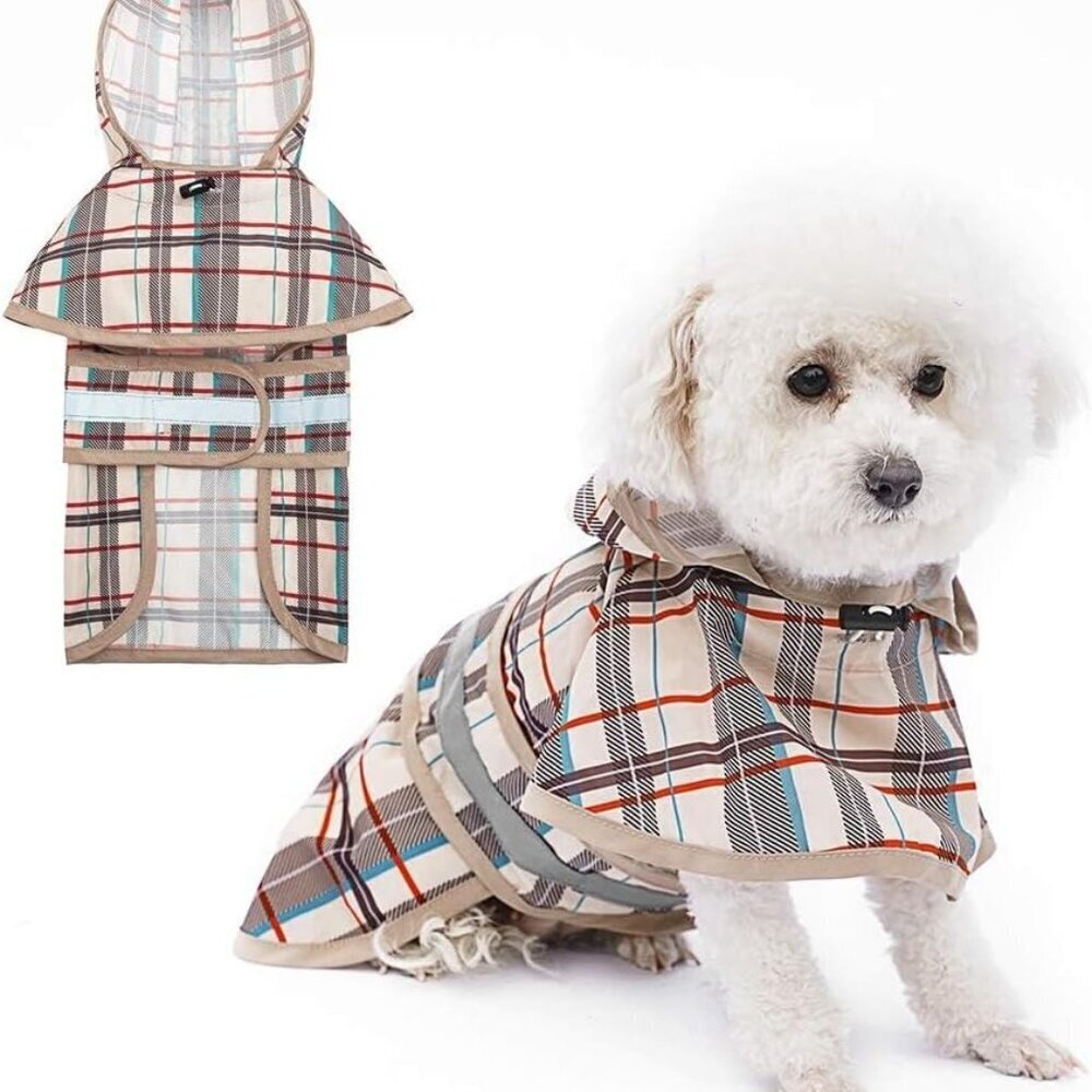 Dog Raincoat Hooded Slicker Poncho with Leash Hole Beige M